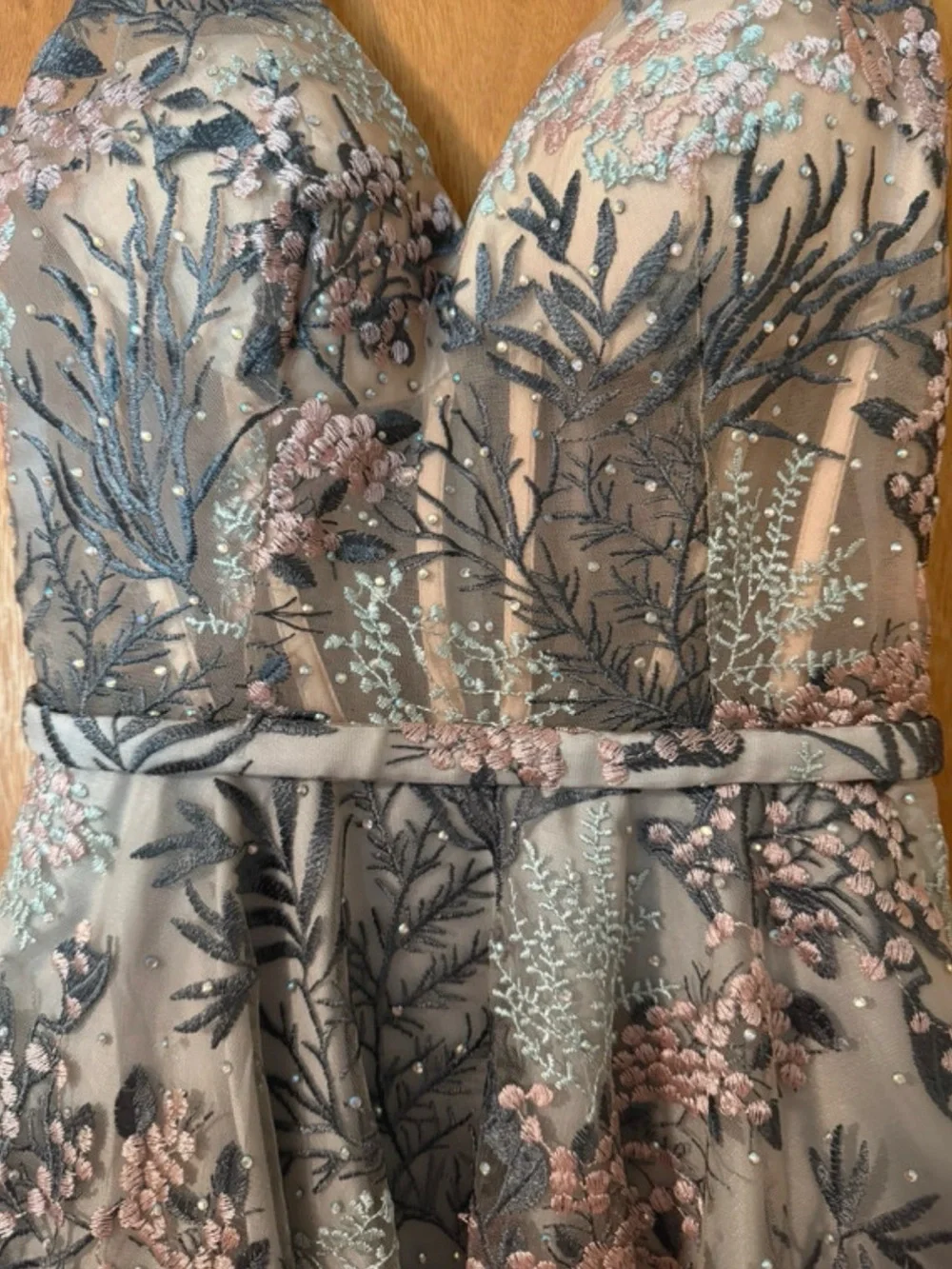 Floral Lace Fit-and-Flare Mini Dress in Dusty Blue and Blush